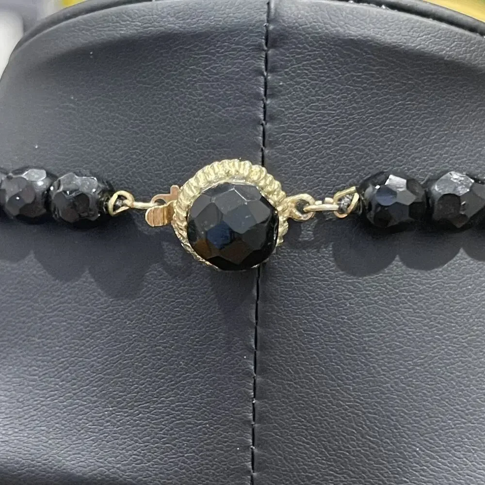 Vintage Glass Necklace Faceted Black Beads 7.5mm Unique Detailed Box Clasp 22”